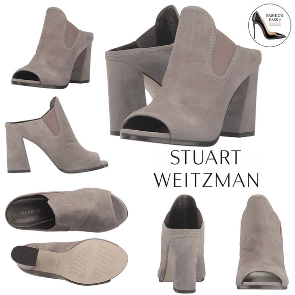 Stuart Weitzman Slideup Topo Gray Leather Suede Open-Toe Mule Heel Pump Sandal 9 - Picture 2 of 10
